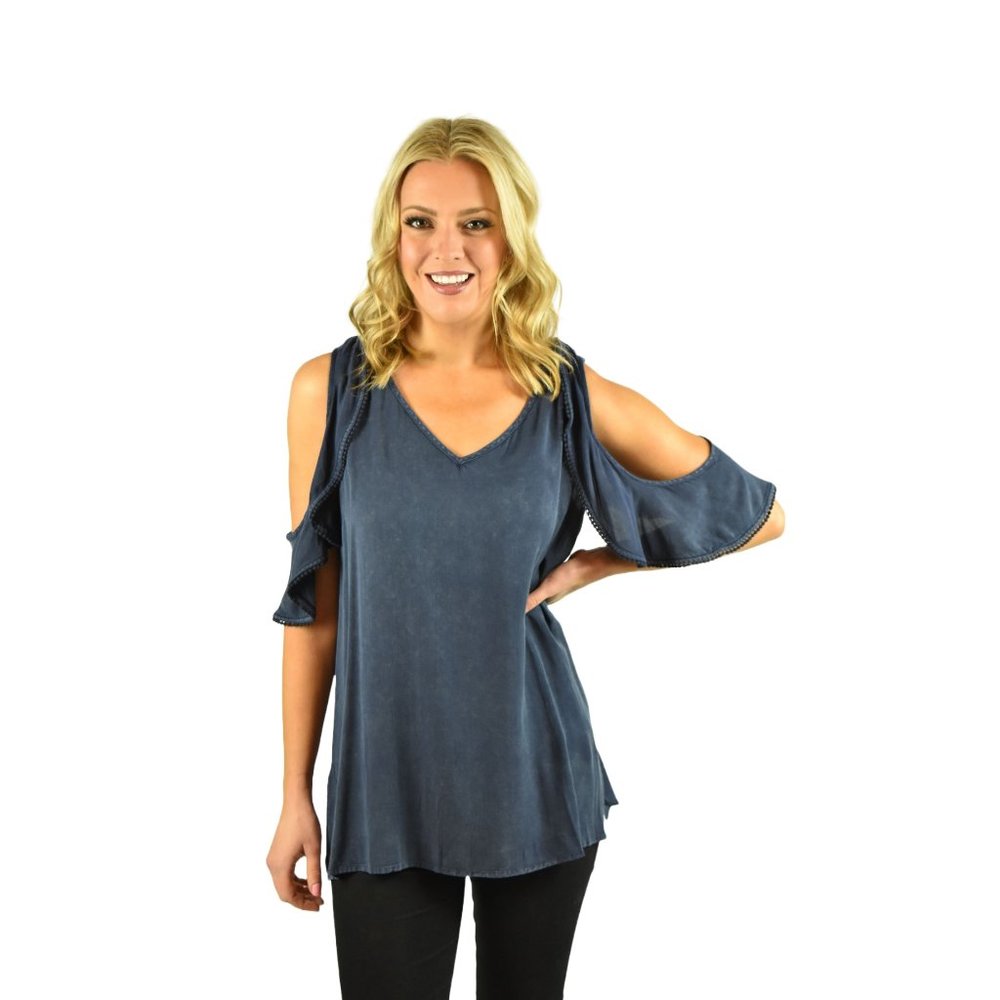 Solid Ink Acid Washed Cold Shoulder Top